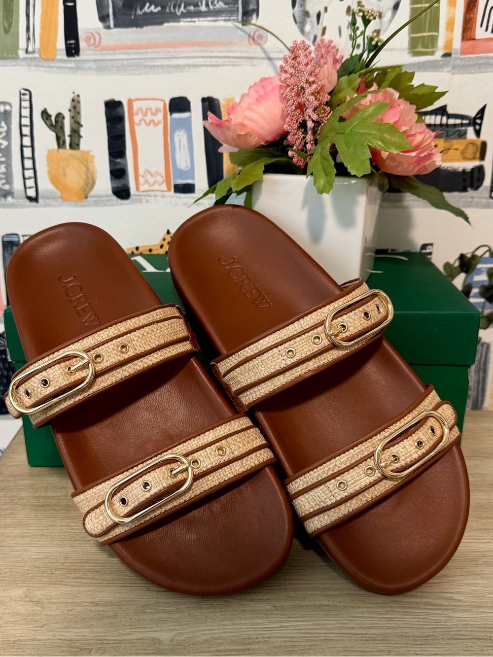 J. Crew Kira Double Strap Footbed Slides in Saddle Brown and Raffia Size 8 - NEW